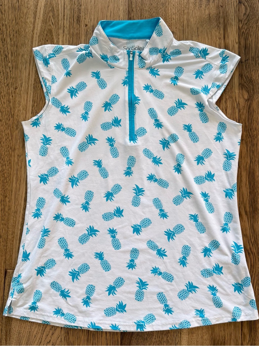 SanSoleil Sleeveless Pineapple Print Golf Polo - White & Teal